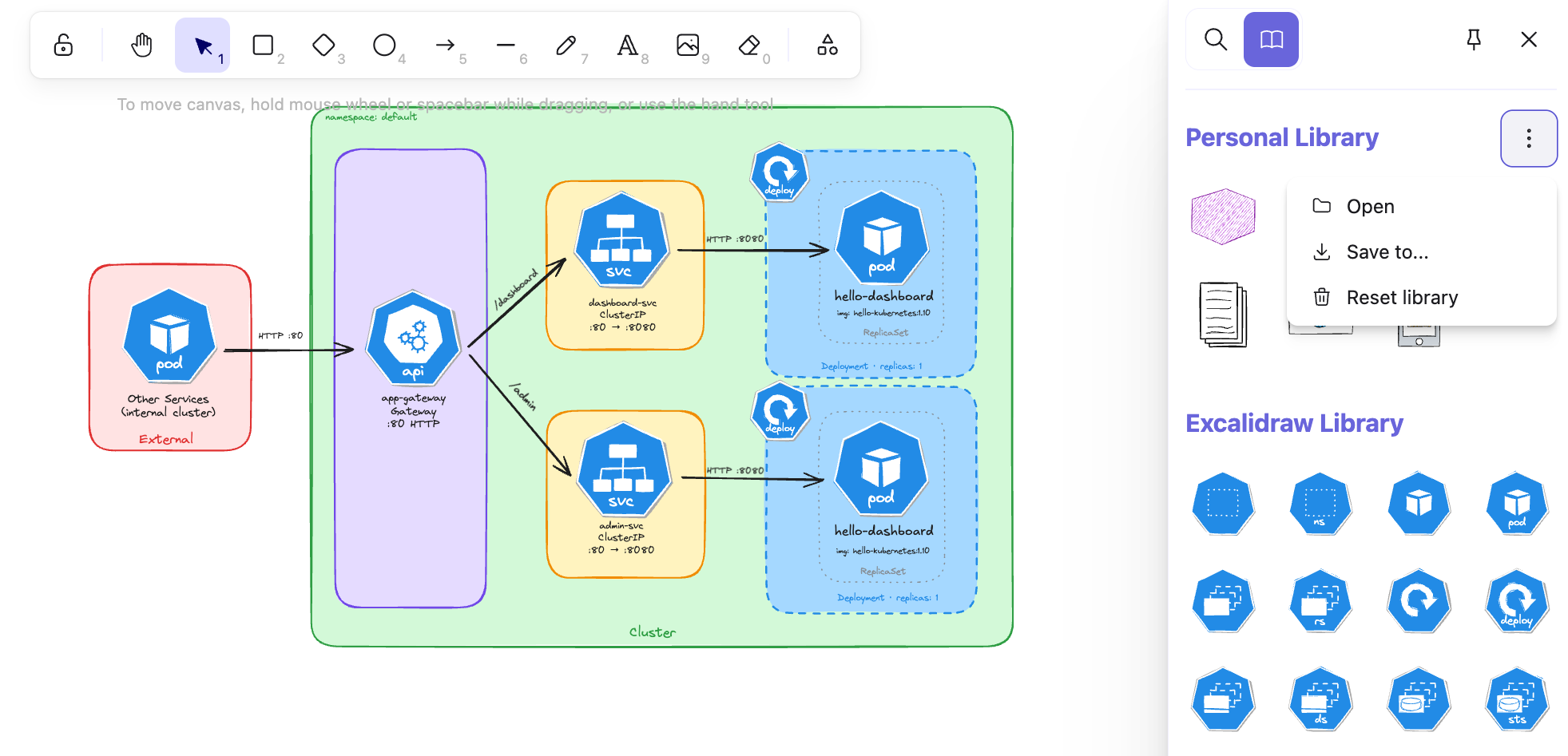 Importing Kubernetes icons library in Excalidraw in VSCode